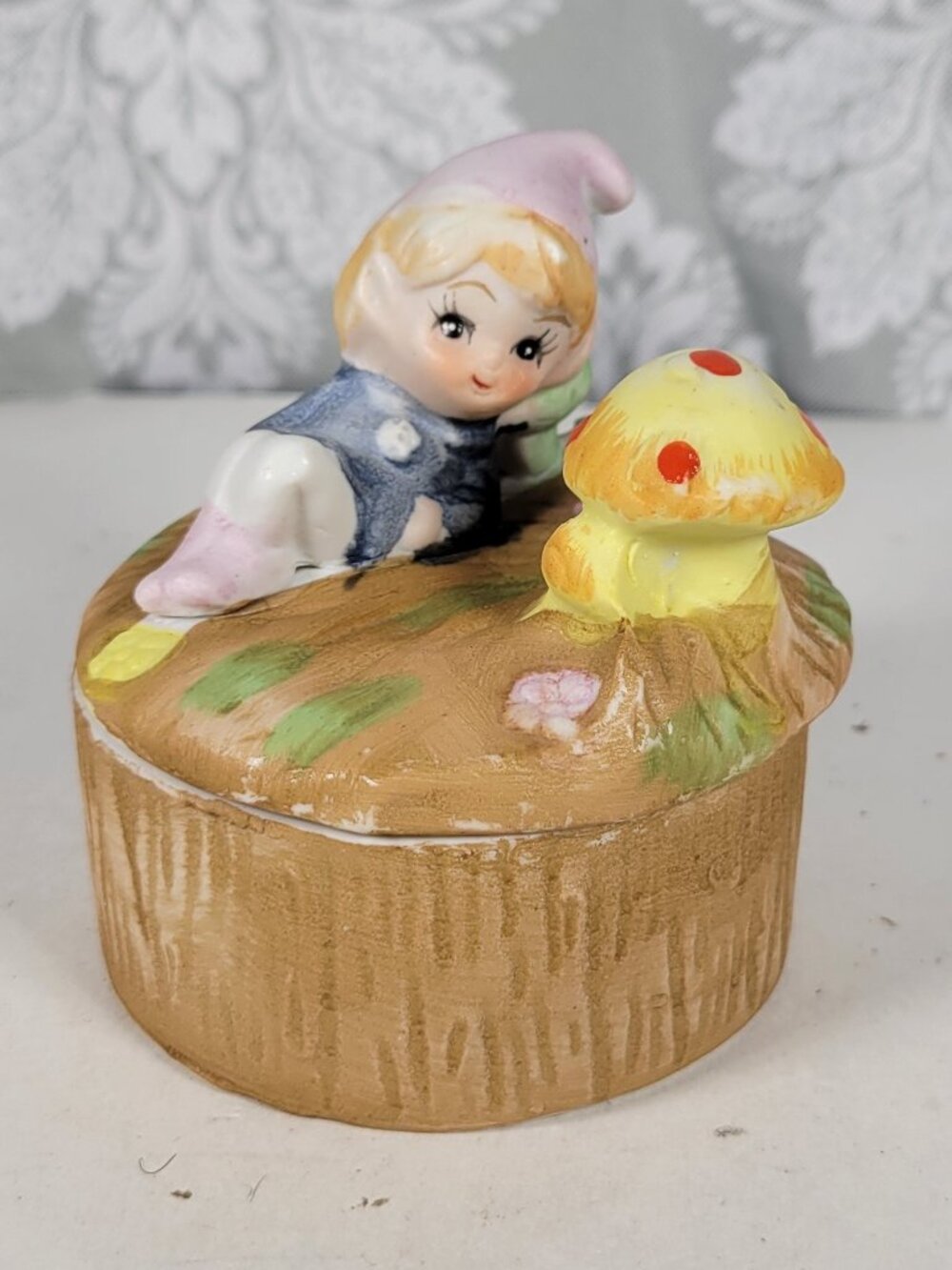 Vintage Trinket Jewelry Dish Ceramic Fairy Gnome with Mushroom